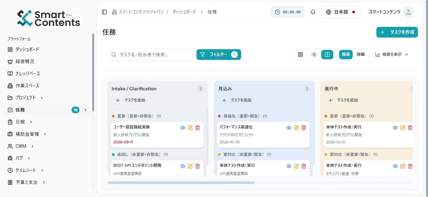 Kanban AIのタスクボード画面。重要度×緊急度で並べたタスクが、受付・調整中／見込み／進行中の列に分かれて表示されている